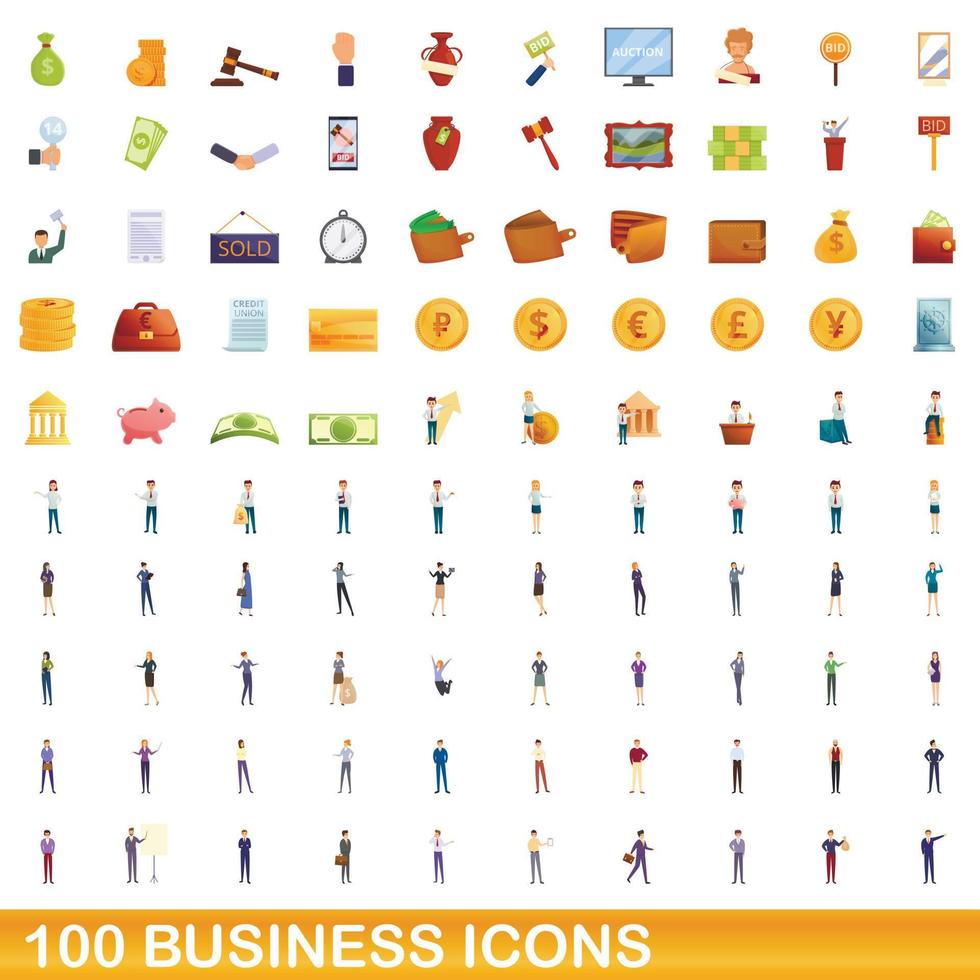 100 iconos de negocios, estilo de dibujos animados vector