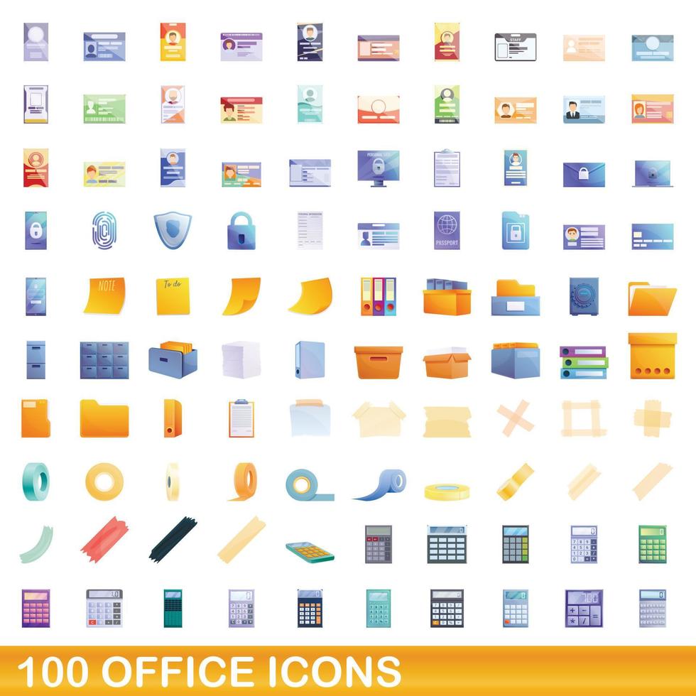 100 office icons set, cartoon style vector