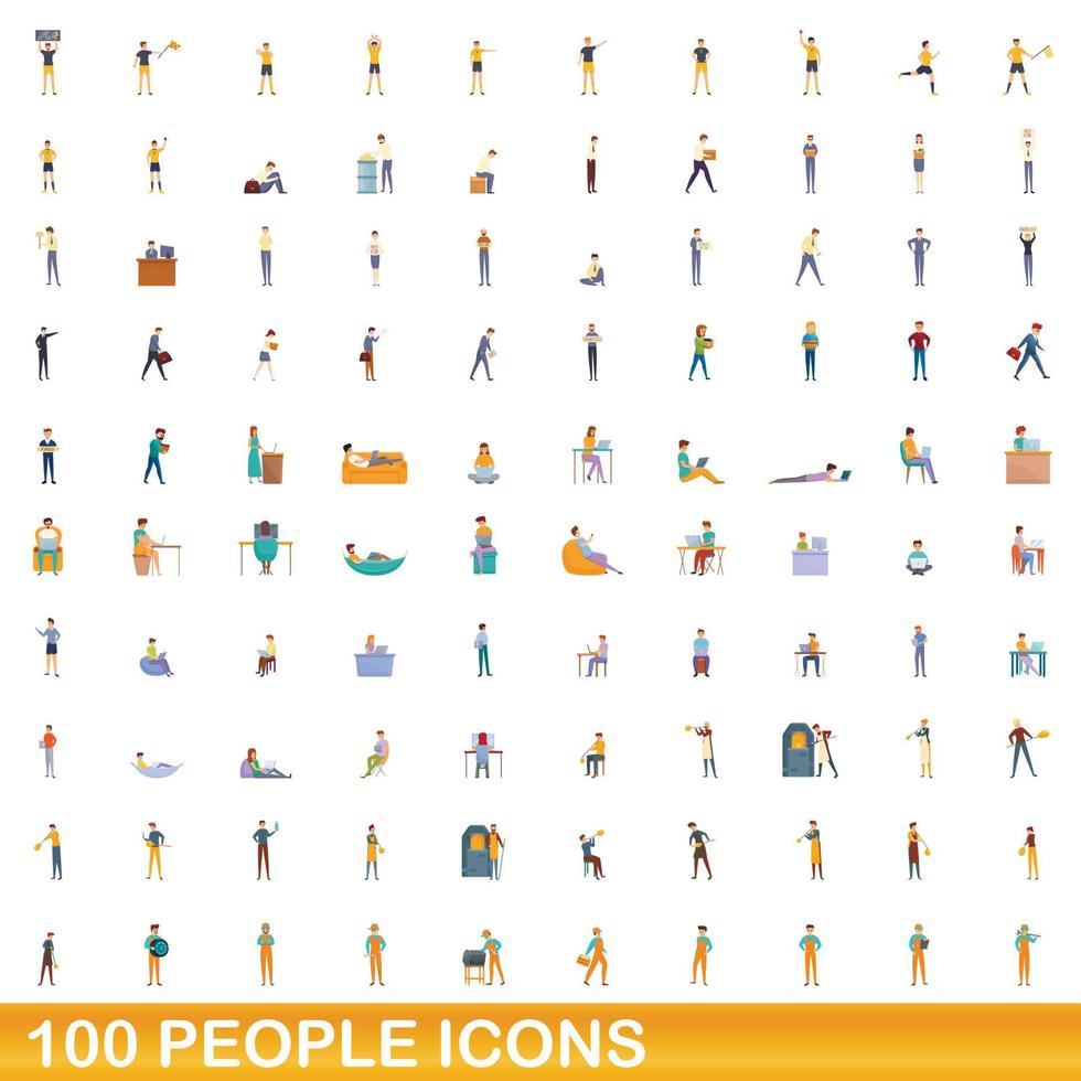 100 people icons set, cartoon style vector