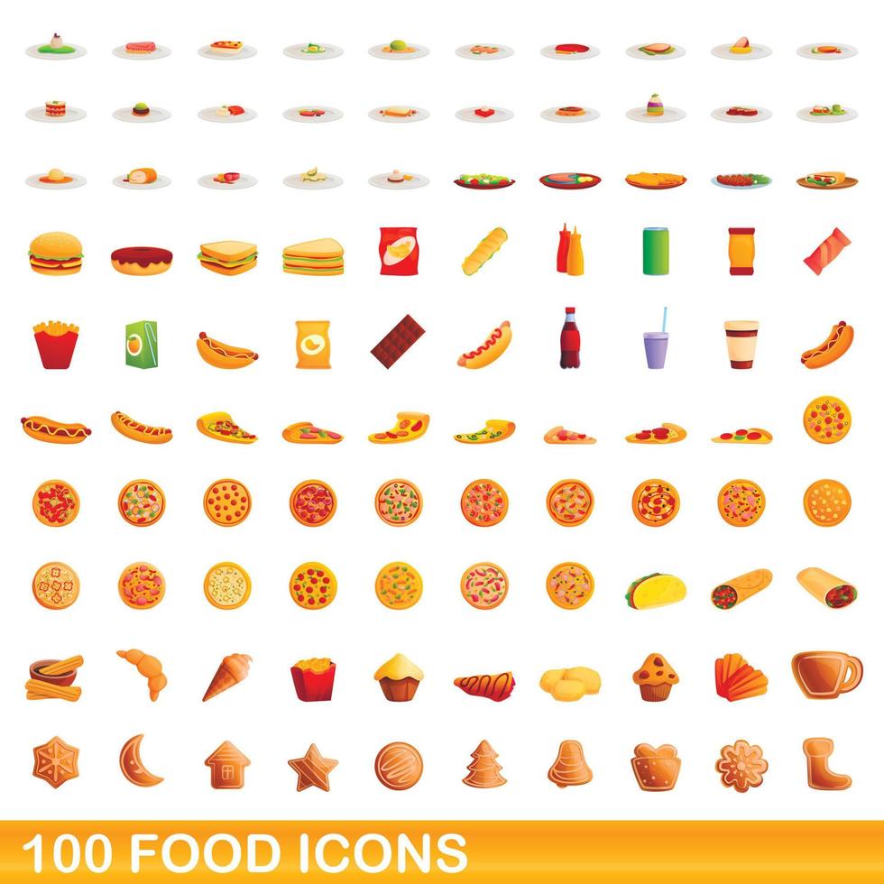 100 food icons set, cartoon style vector