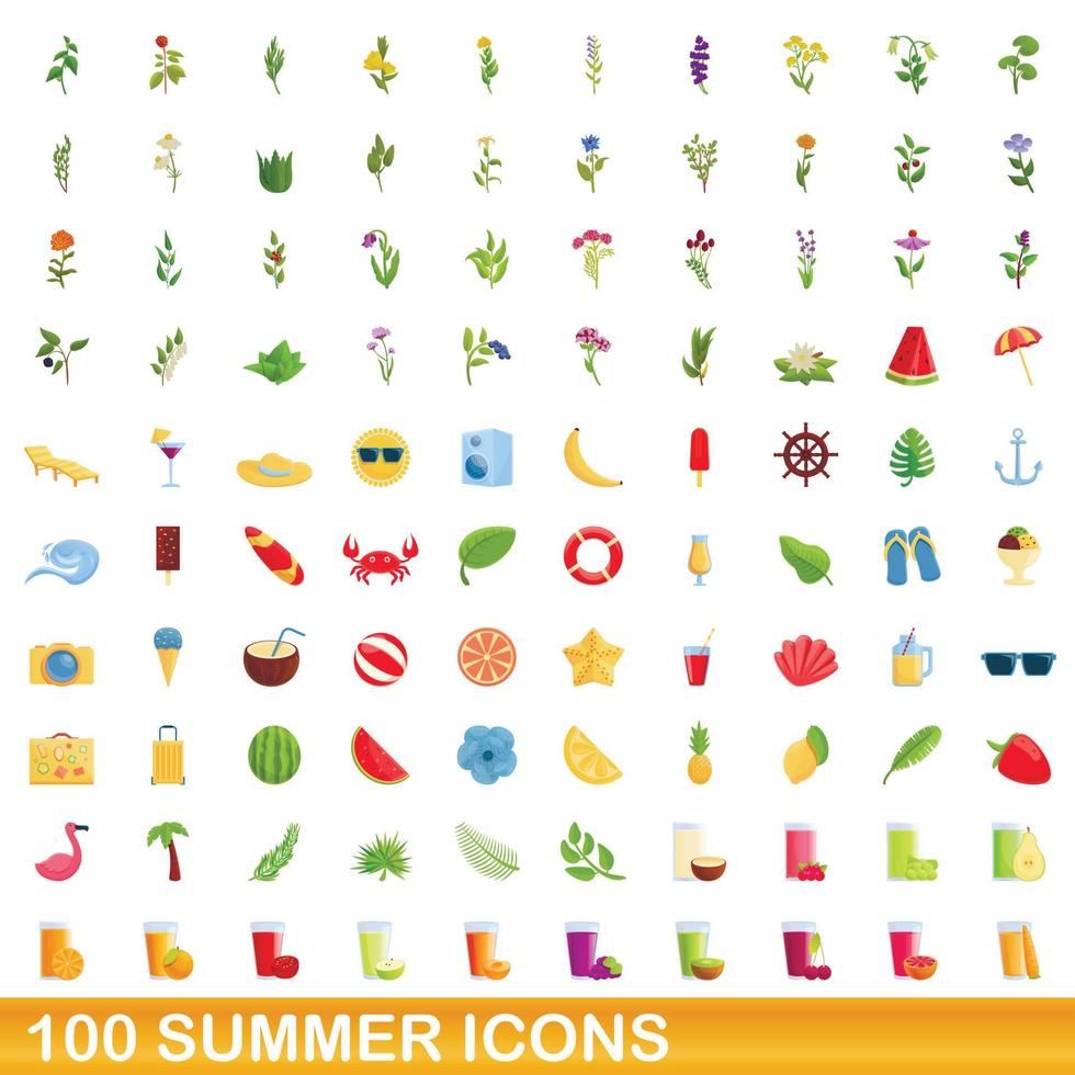 100 summer icons set, cartoon style vector