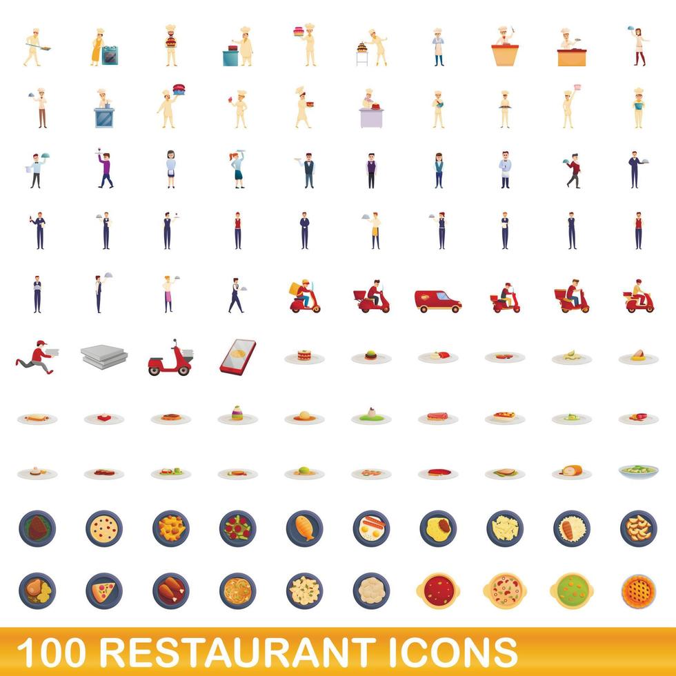 100 restaurant icons set, cartoon style vector