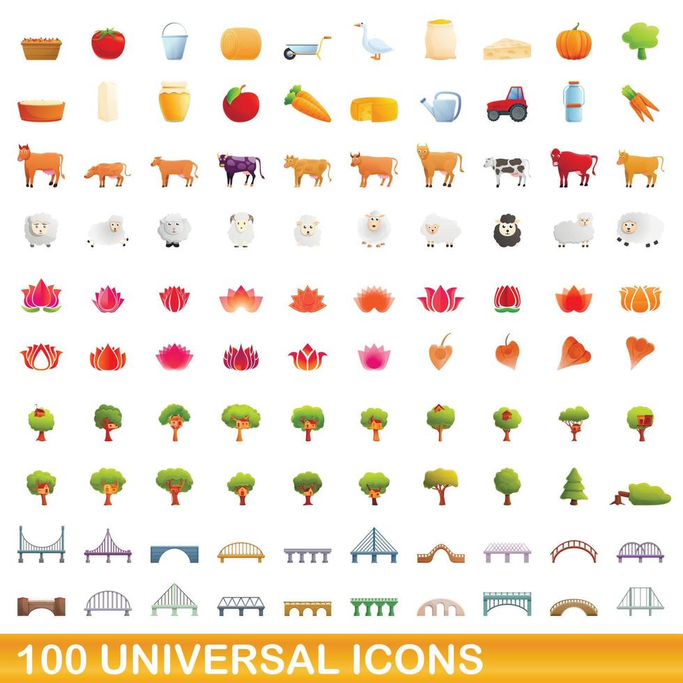 100 universal icons set, cartoon style vector