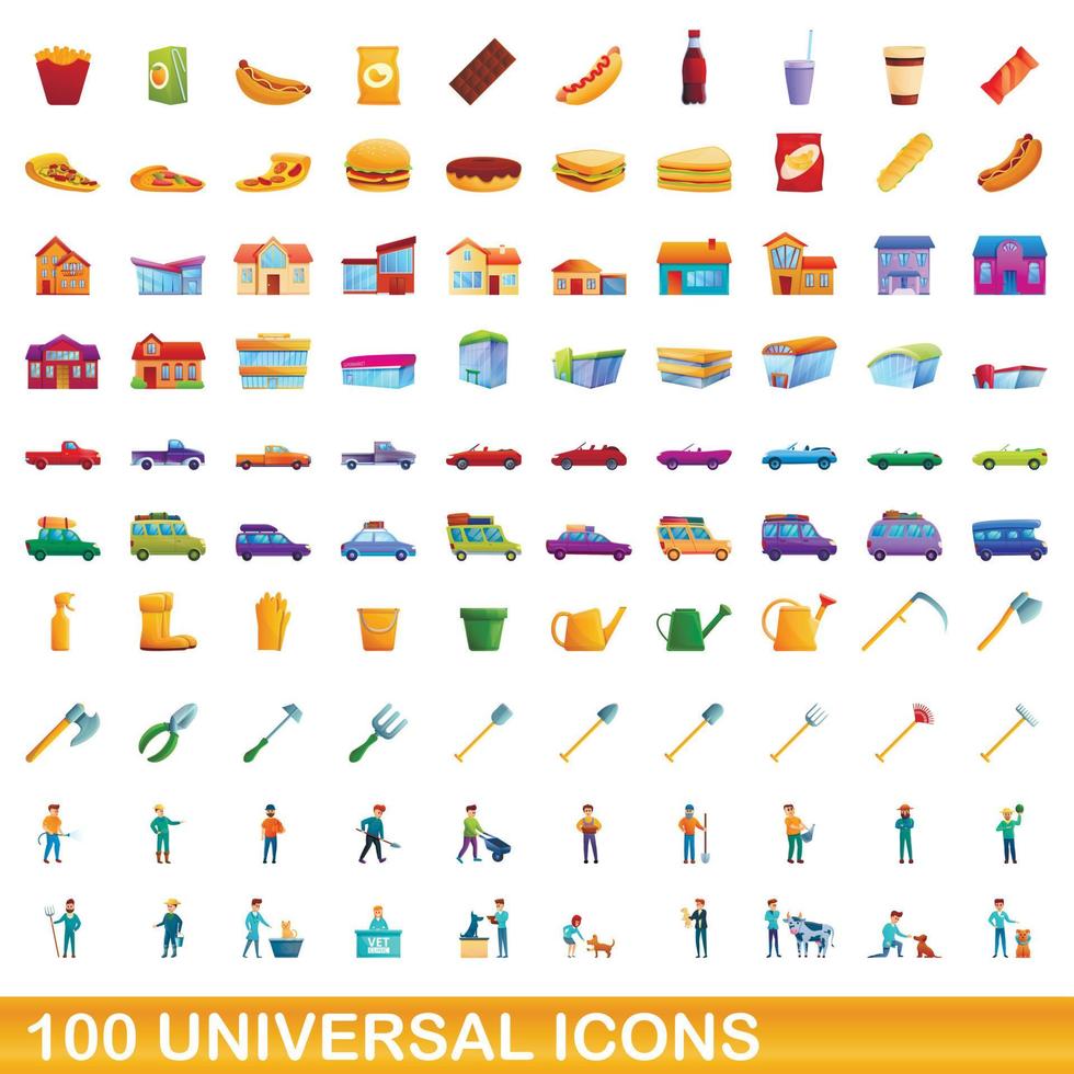 100 universal icons set, cartoon style vector