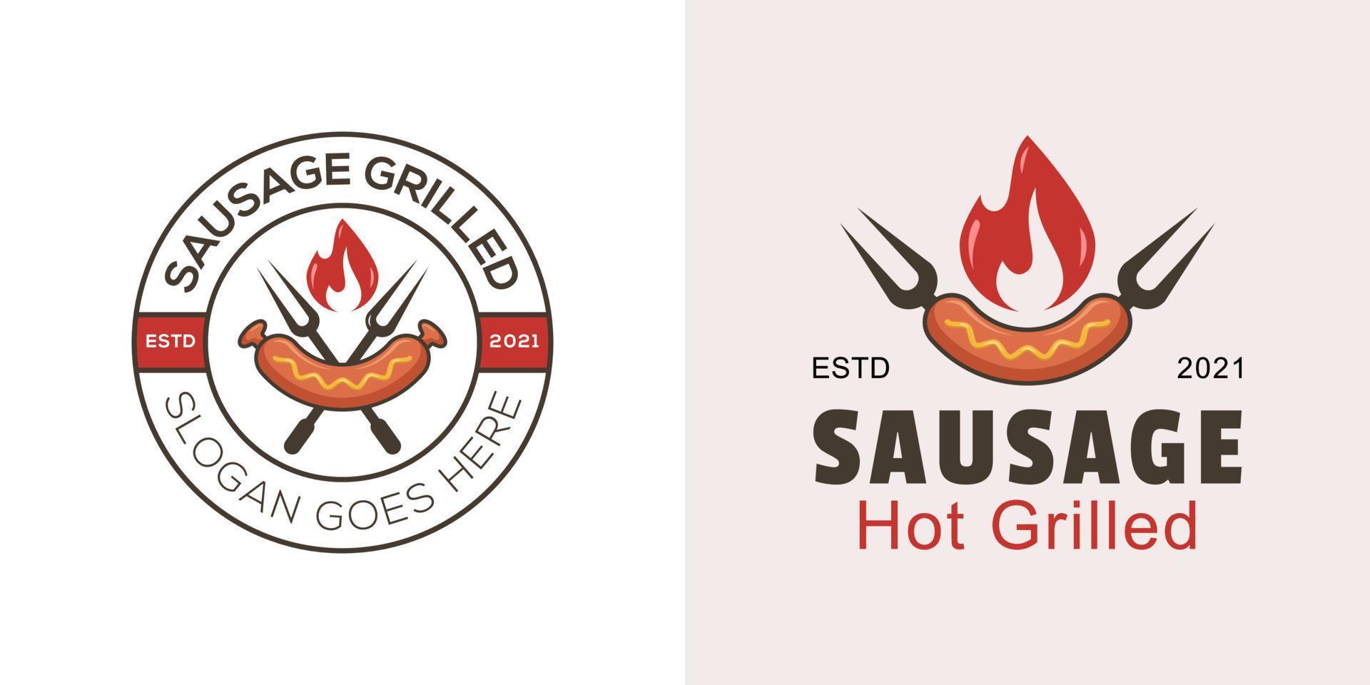 salchicha de barbacoa retro vintage logotipo a la parrilla caliente, logotipo de barbacoa con dos versiones vector