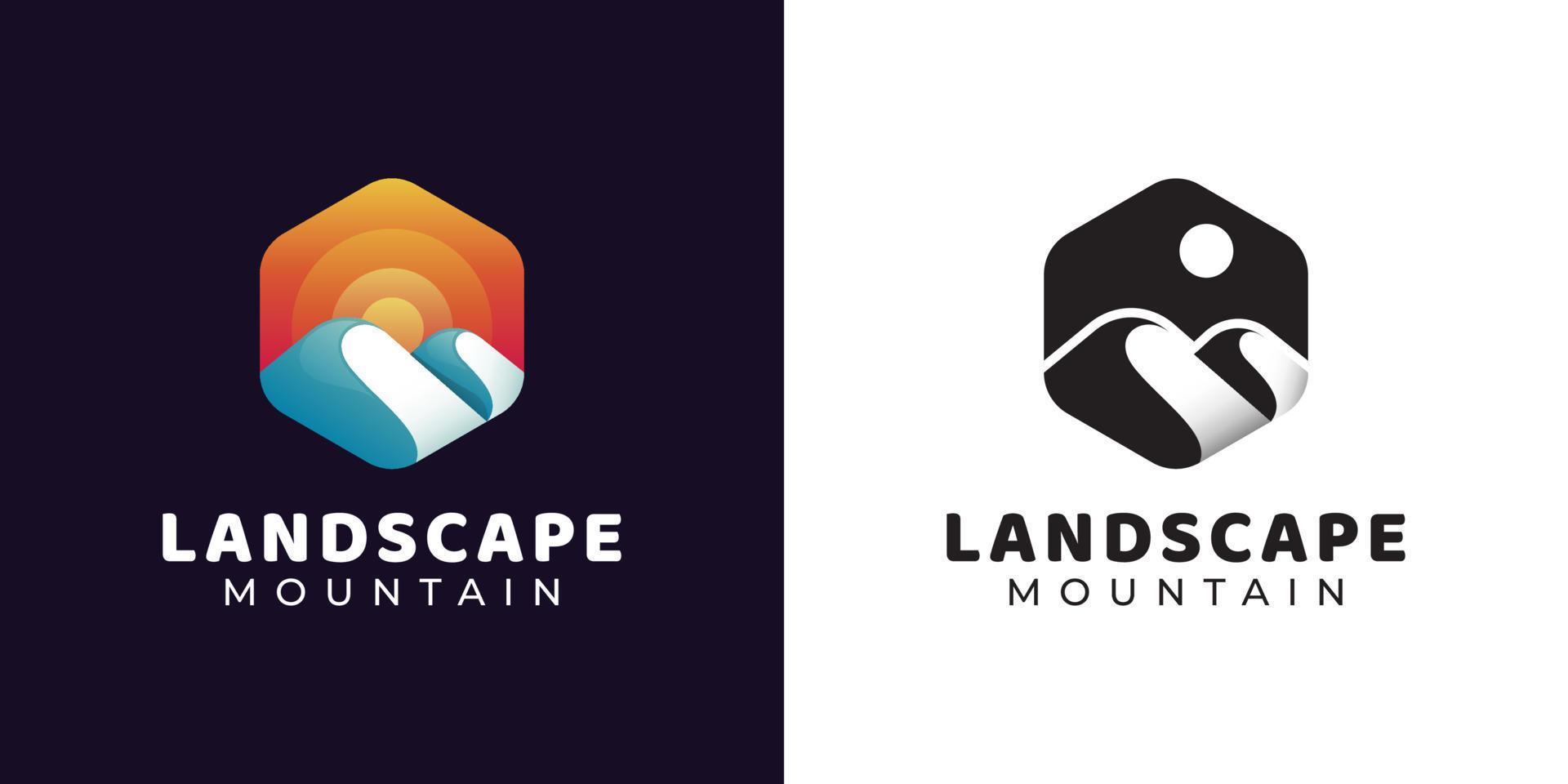 simple hexagon logo on Mountain adventure and sun,  landscape hills logo design with black and white versions vector