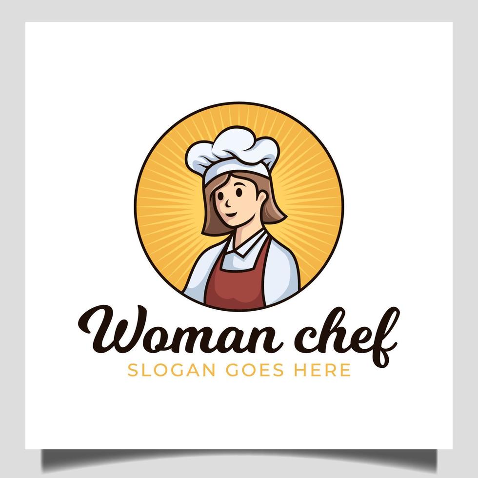 diseño plano de la mascota de la cocinera que cocina para la comida del restaurante con el logotipo de la empresa estilo emblema de la insignia vector