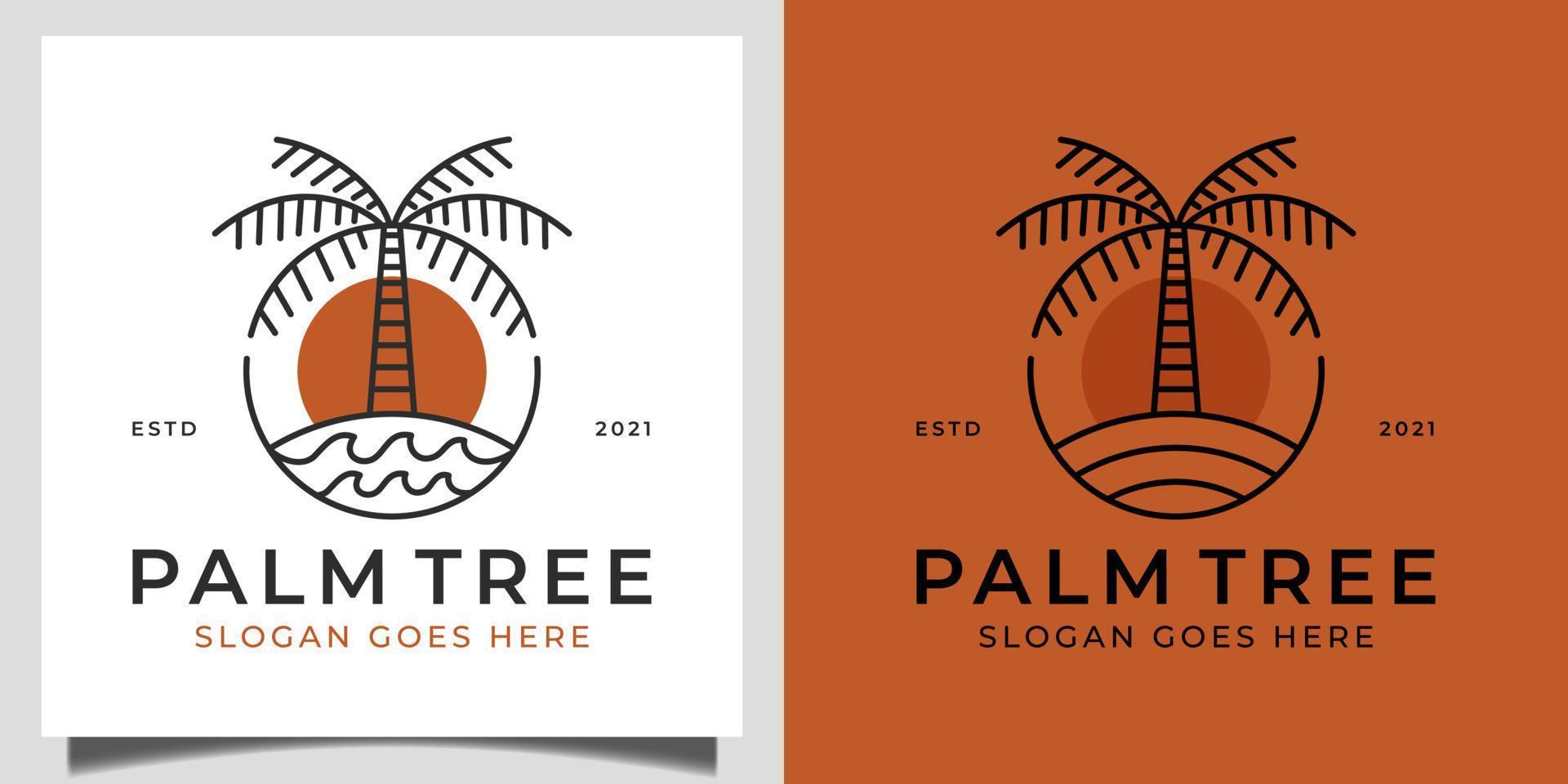 Vintage retro logo of nature palm tree in beach or ocean with wave for summer vibes vacation logo template vector