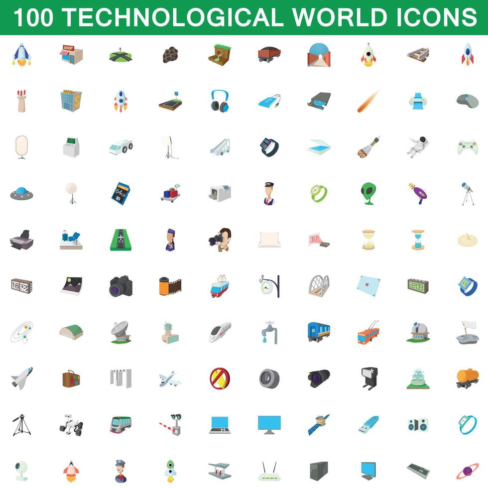 100 technological world icons set, cartoon style vector