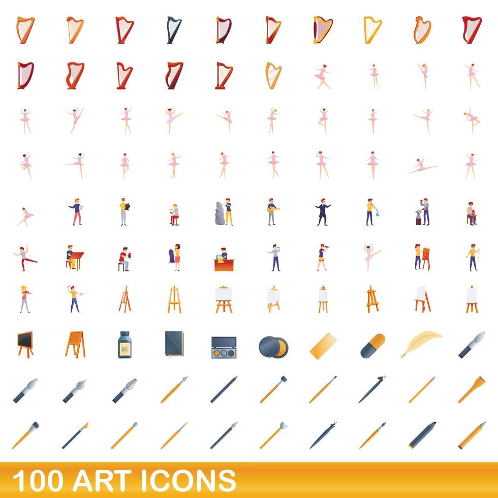 100 art icons set, cartoon style vector