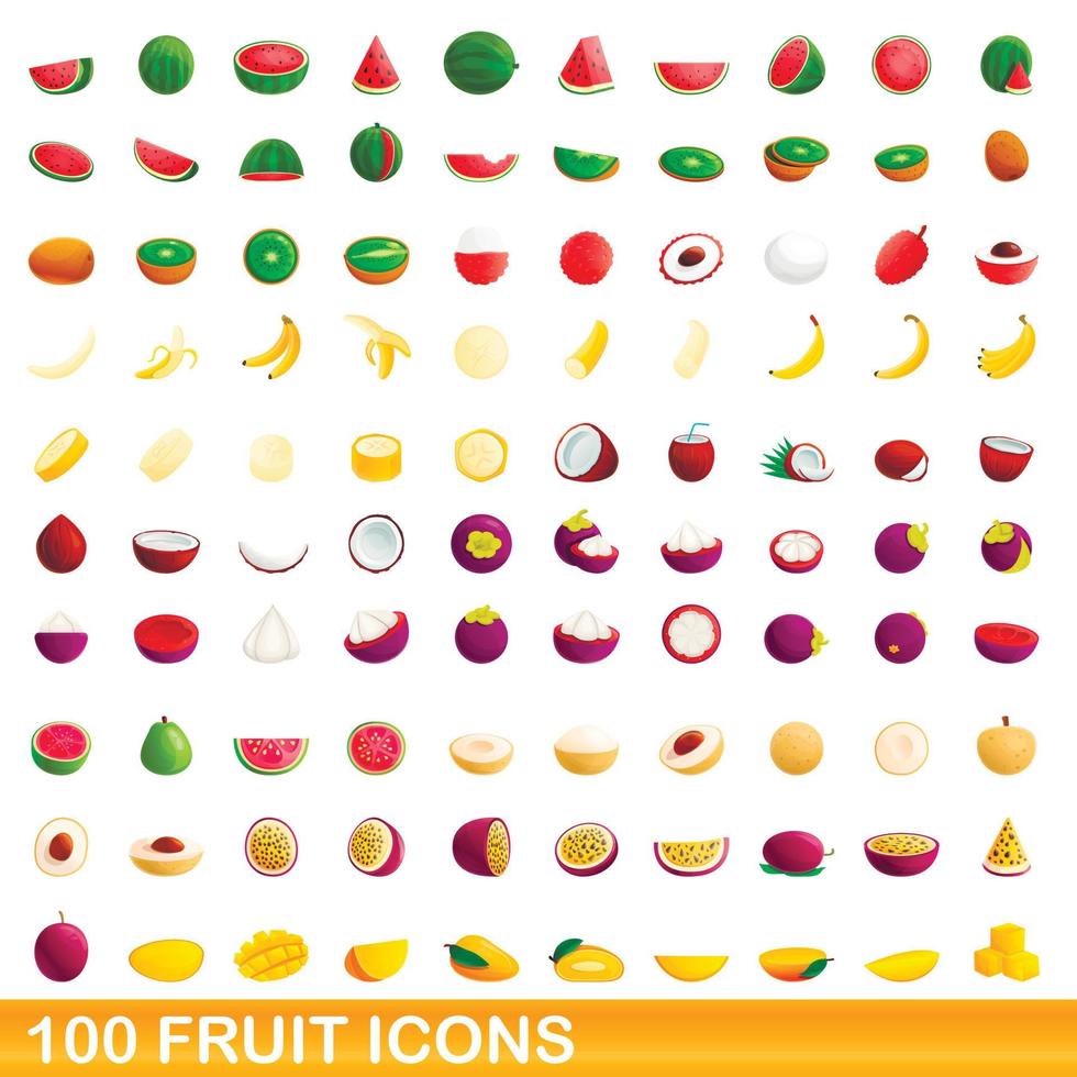 100 fruit icons set, cartoon style vector