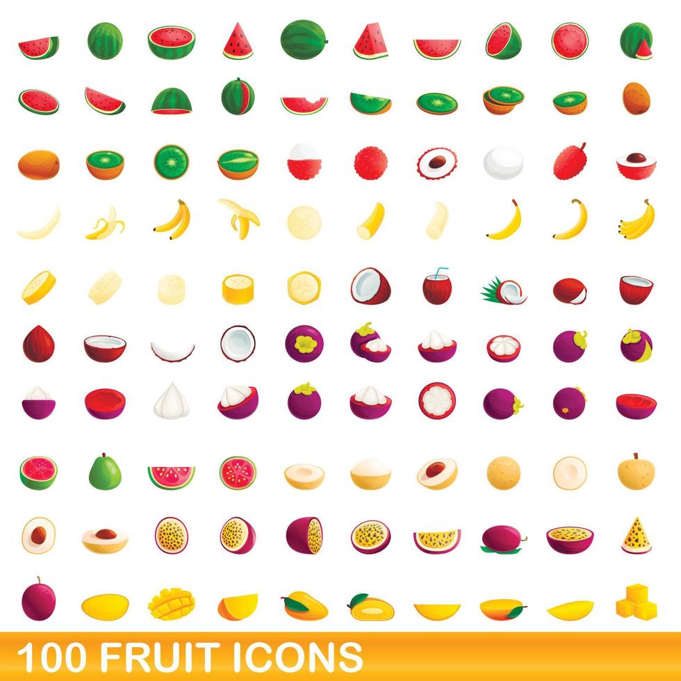 100 iconos de frutas, estilo de dibujos animados vector