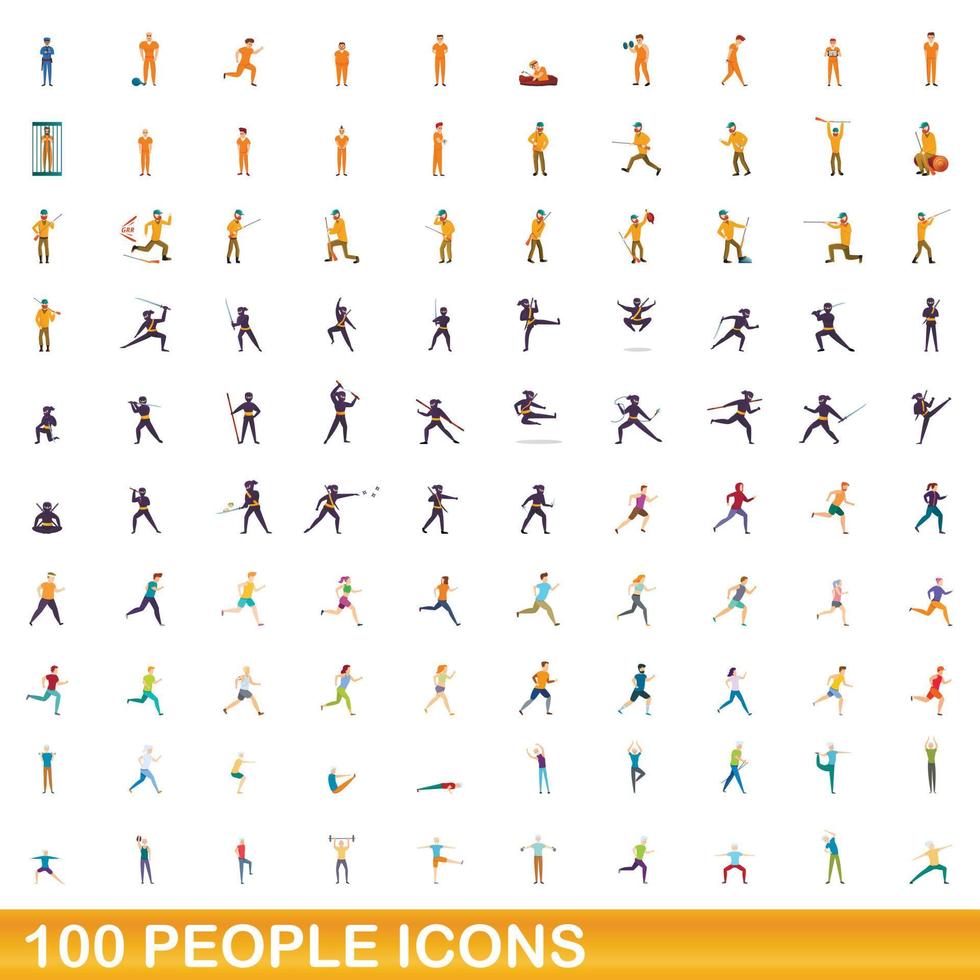 100 people icons set, cartoon style vector