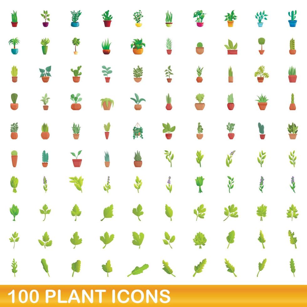 100 plant icons set, cartoon style vector