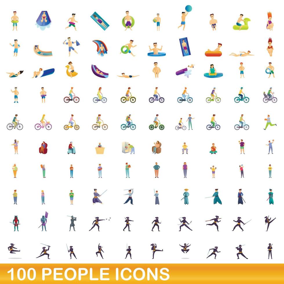 100 people icons set, cartoon style vector