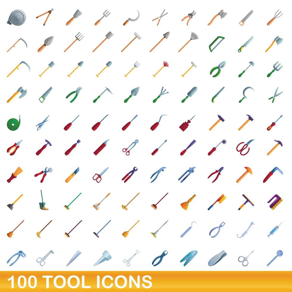 100 tool icons set, cartoon style vector