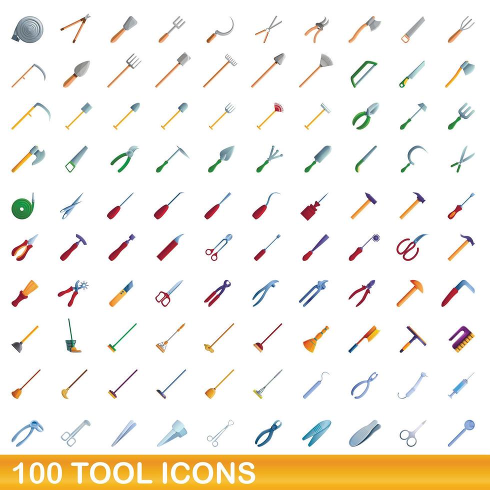 100 iconos de herramientas, estilo de dibujos animados vector