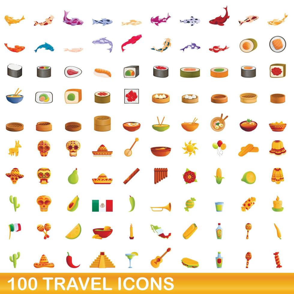 100 iconos de viaje, estilo de dibujos animados vector