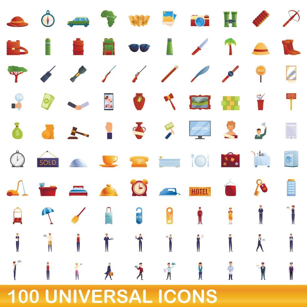 100 universal icons set, cartoon style vector