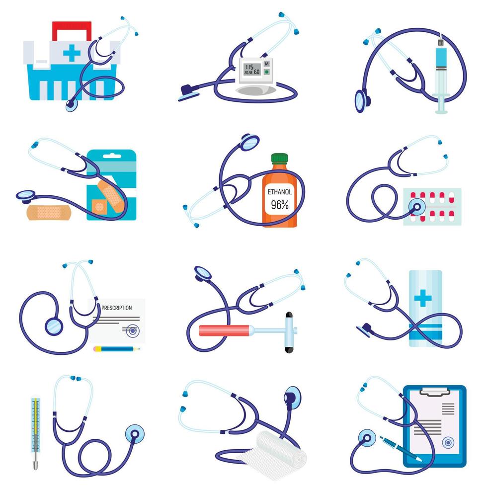 Phonendoscope icon set, flat style vector