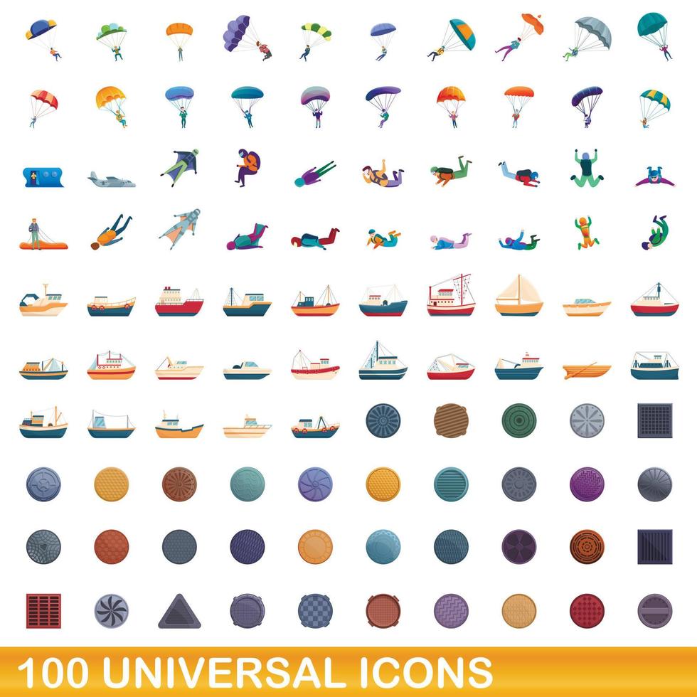 100 universal icons set, cartoon style vector