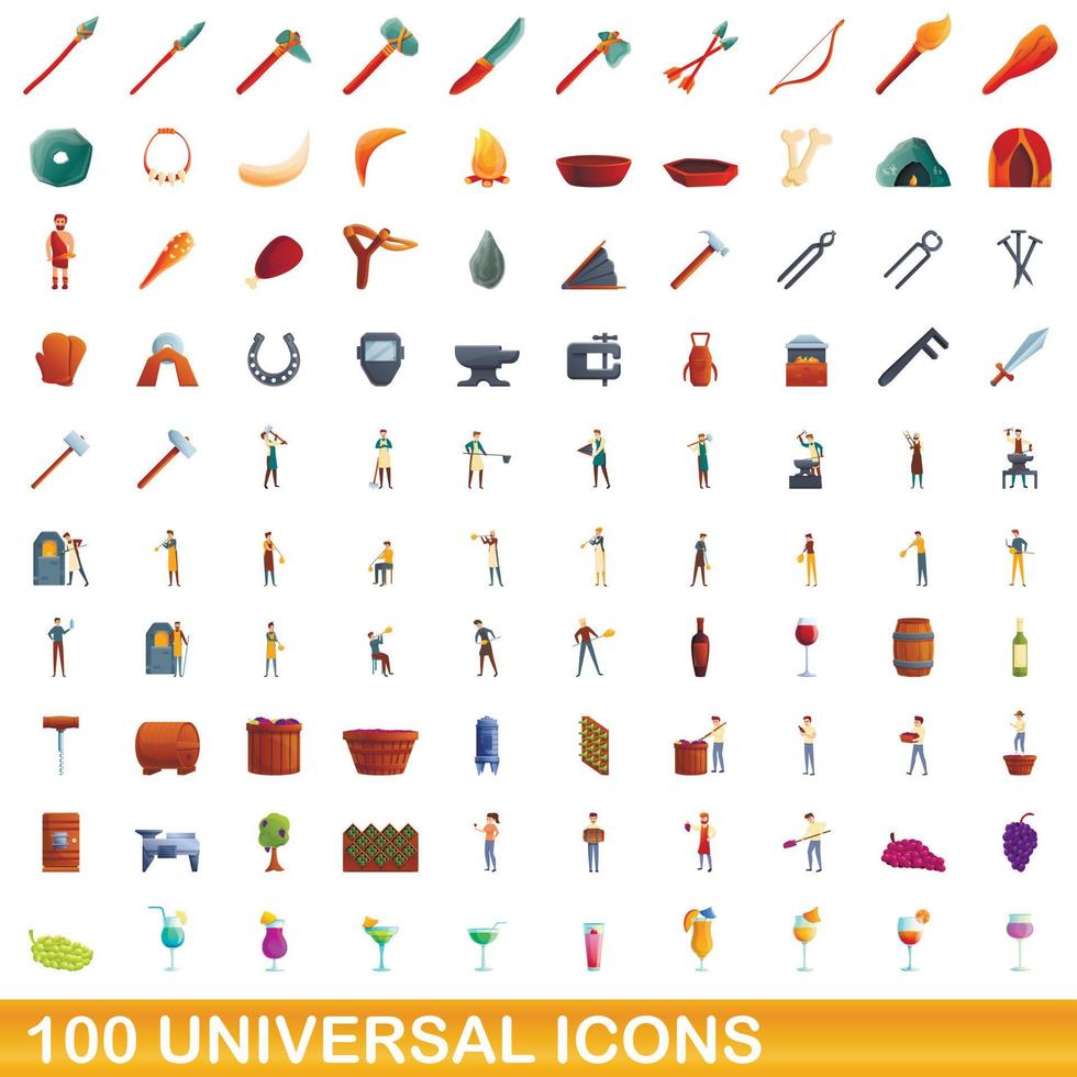 100 universal icons set, cartoon style vector