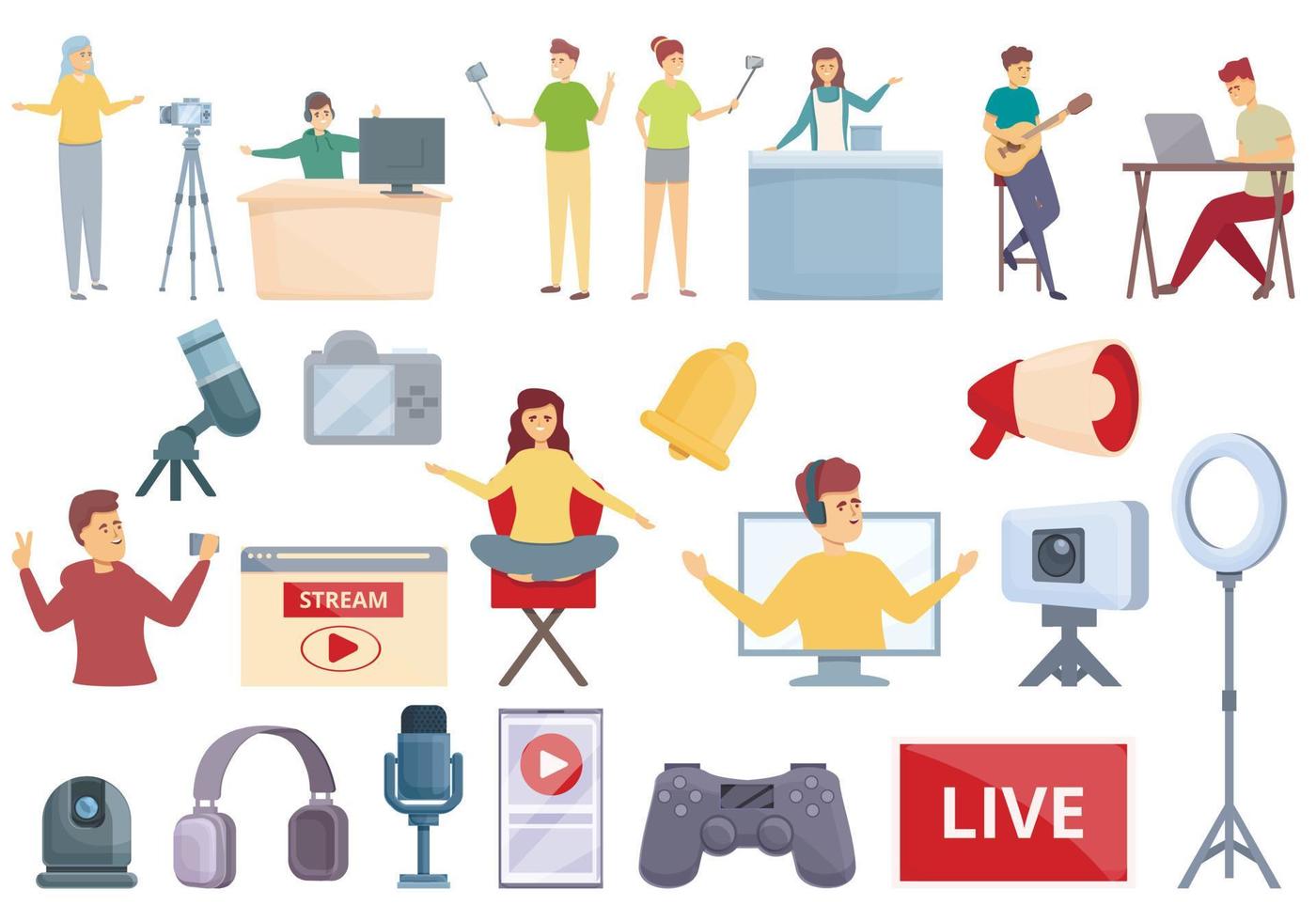 Vlogger streaming icons set cartoon vector. Live game vector