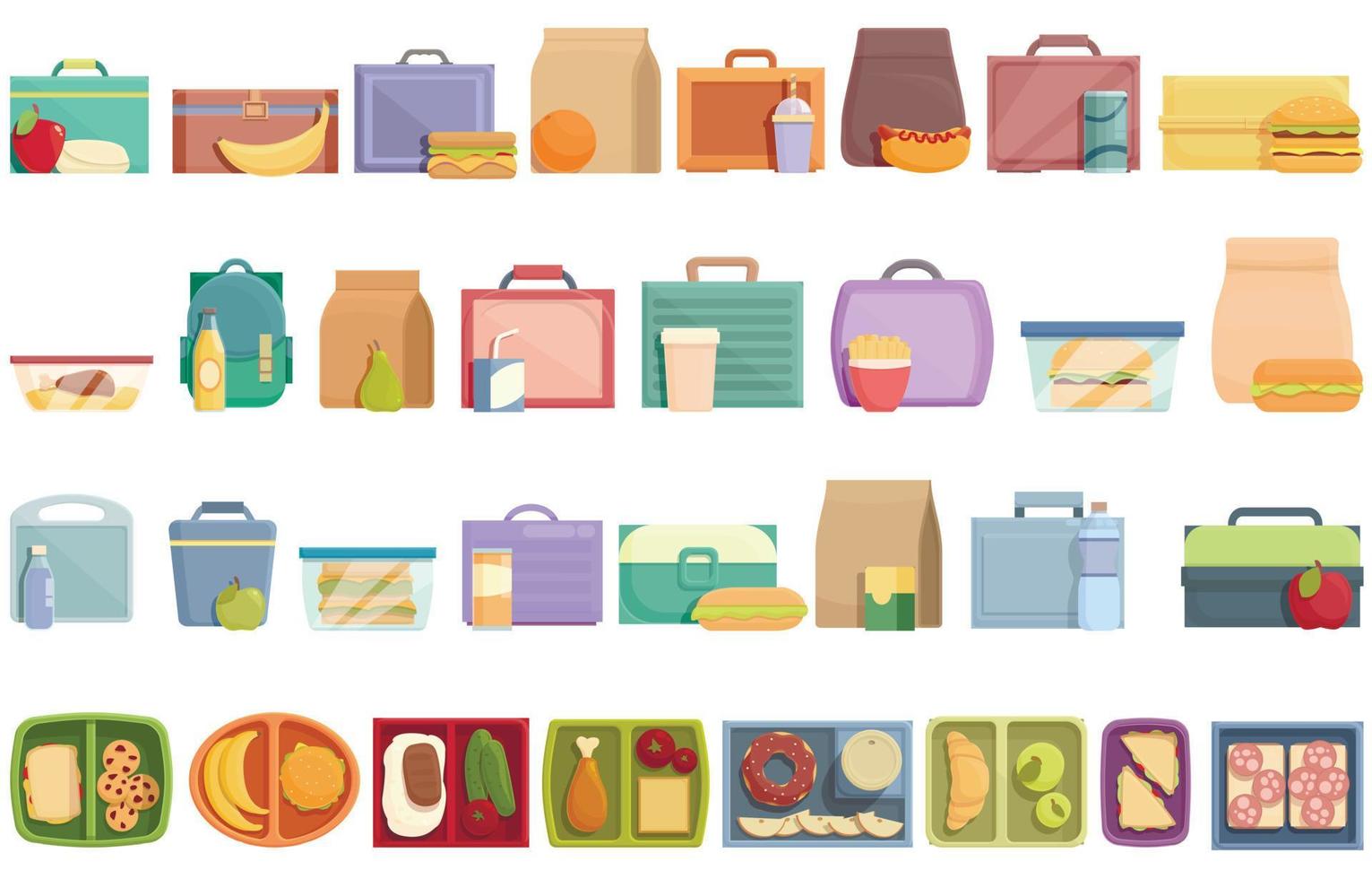 Kids lunch box icons set cartoon vector. Snack kid vector