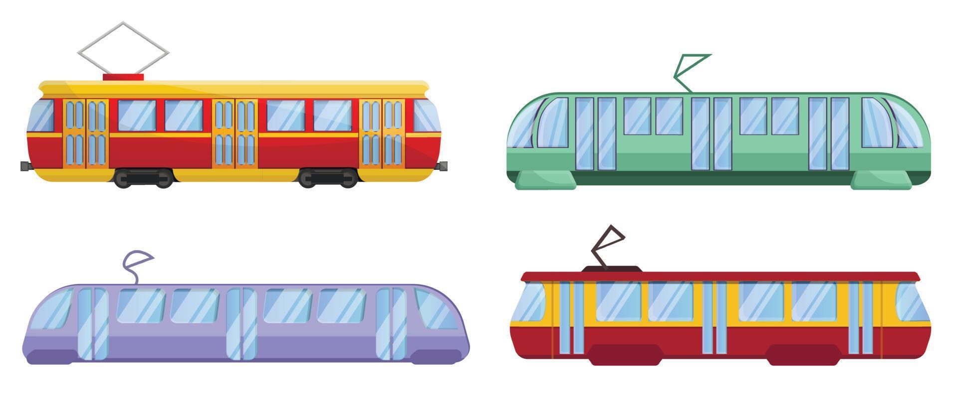 Tram car icons set, cartoon style vector