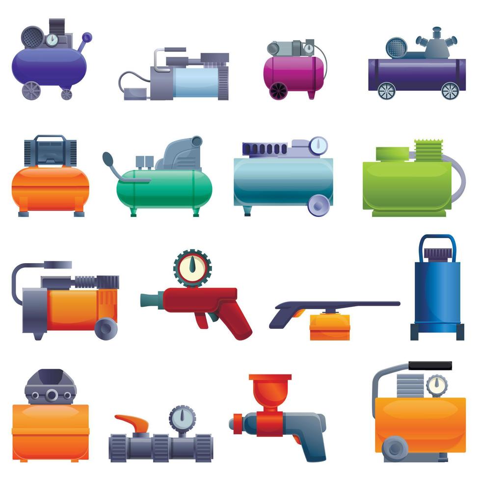 Air compressor icons set, cartoon style vector