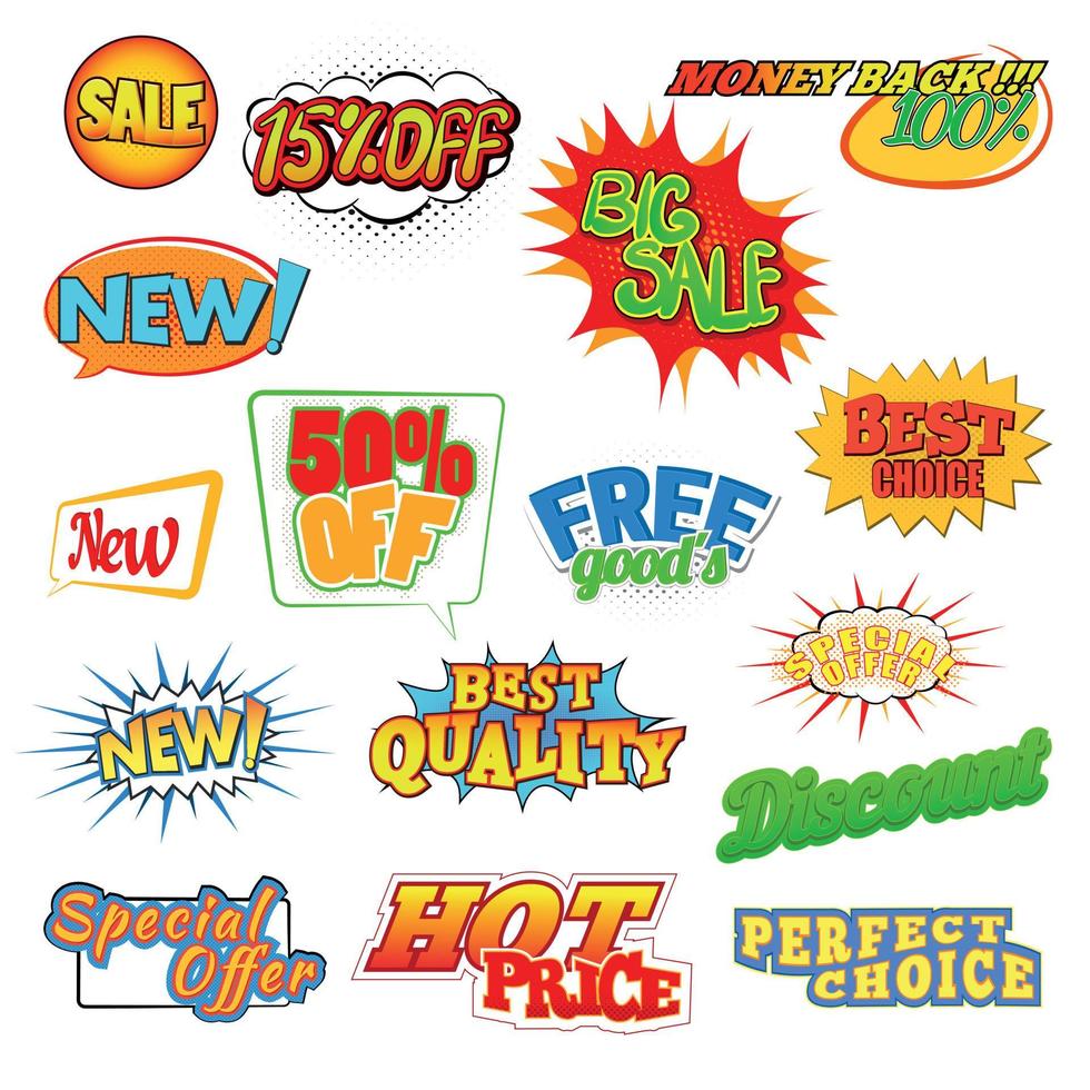 Pop art comic sale discount icons vector