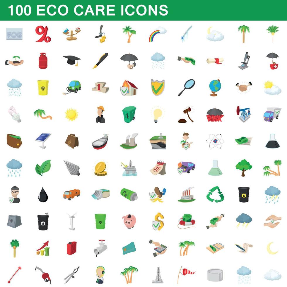 100 iconos de cuidado ecológico, estilo de dibujos animados vector