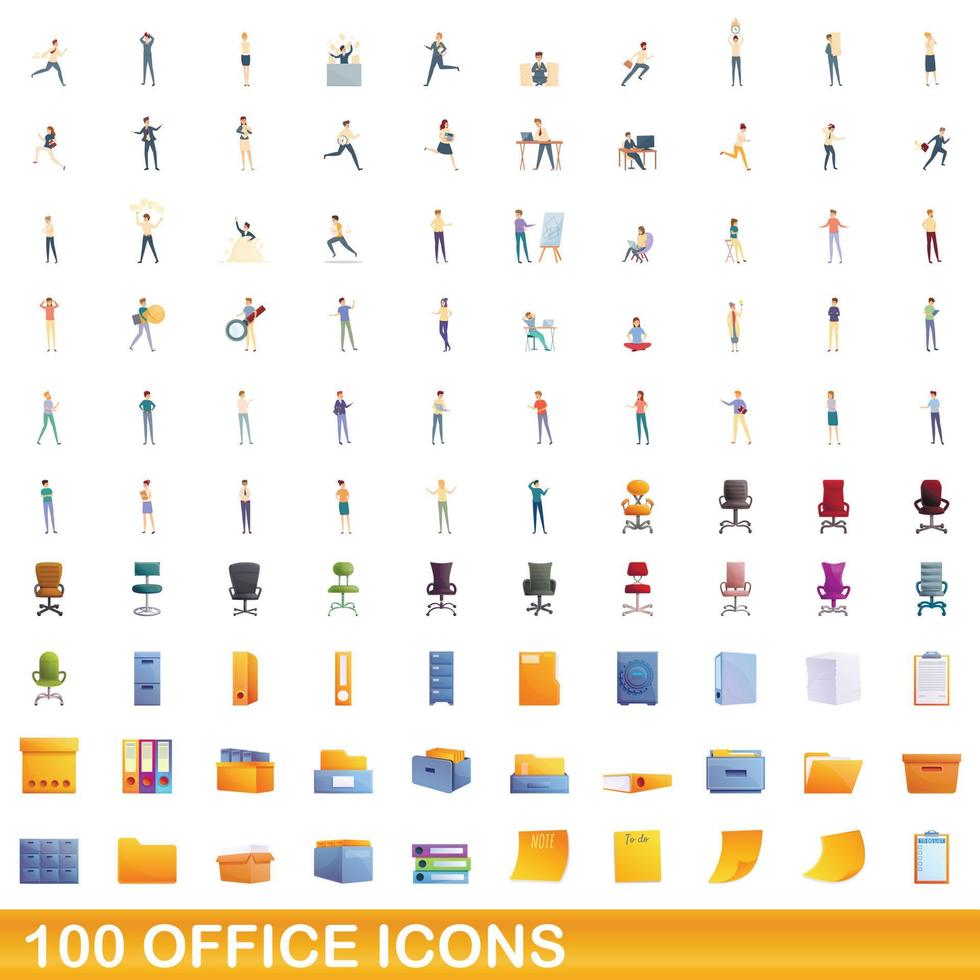 100 office icons set, cartoon style vector