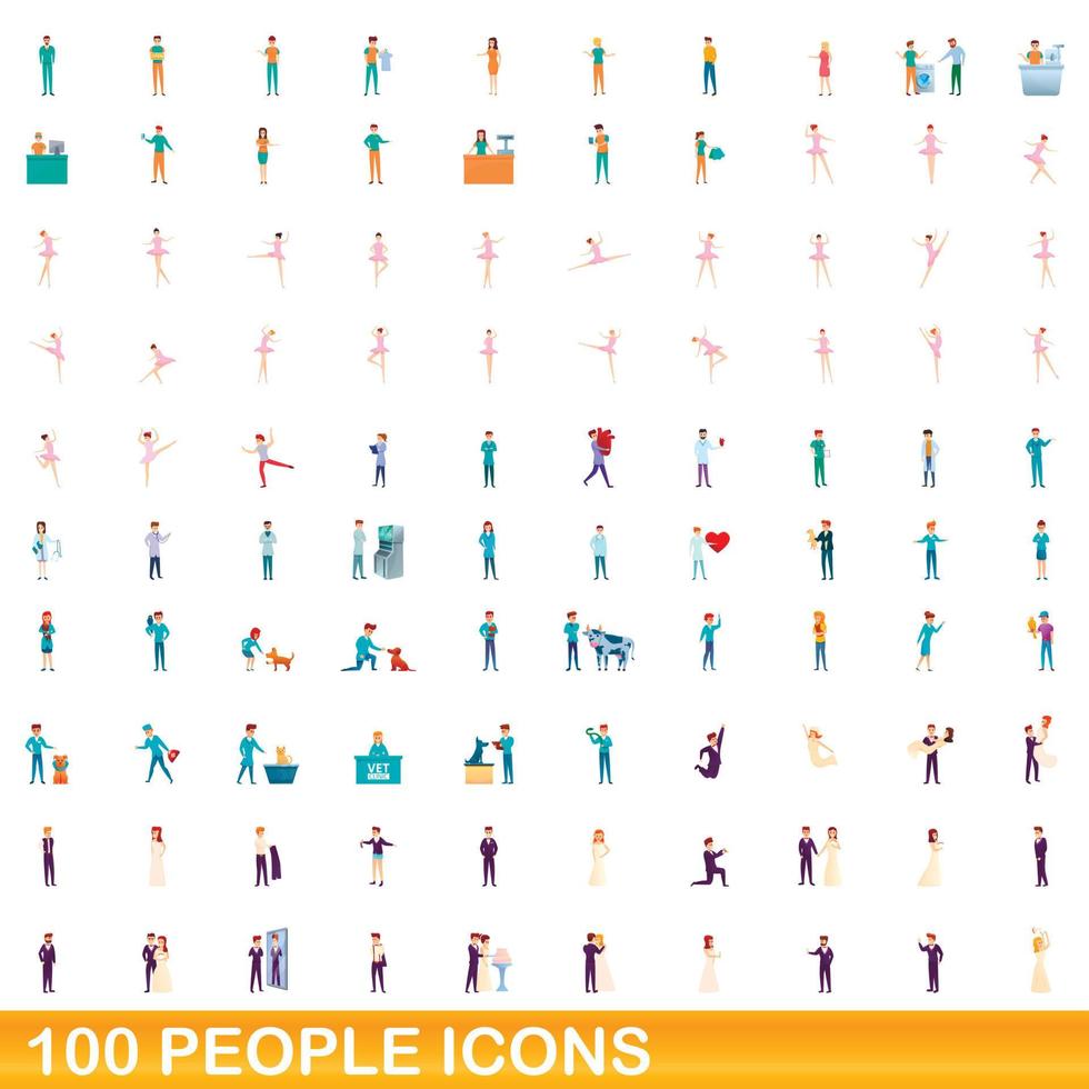 100 people icons set, cartoon style vector