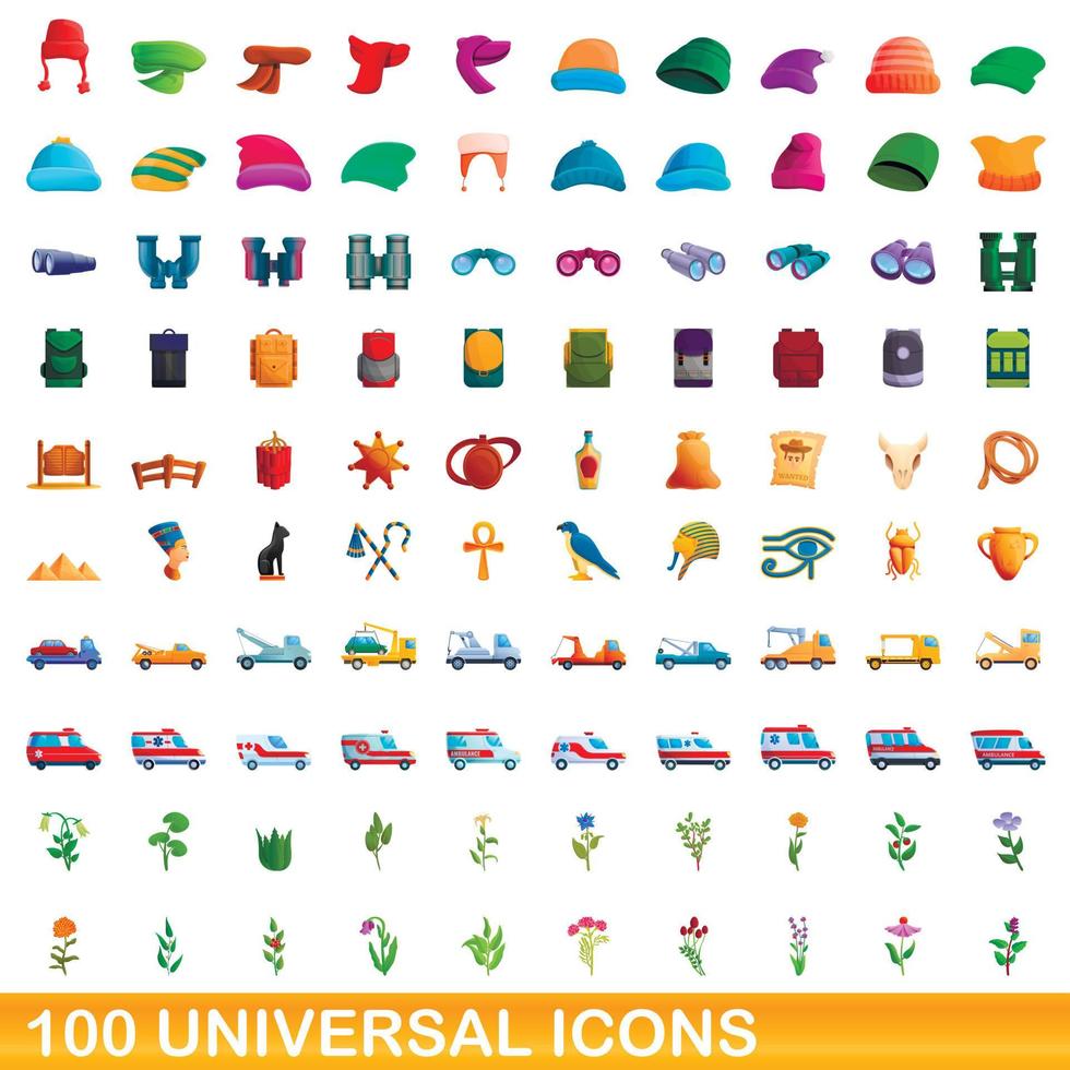 100 universal icons set, cartoon style vector