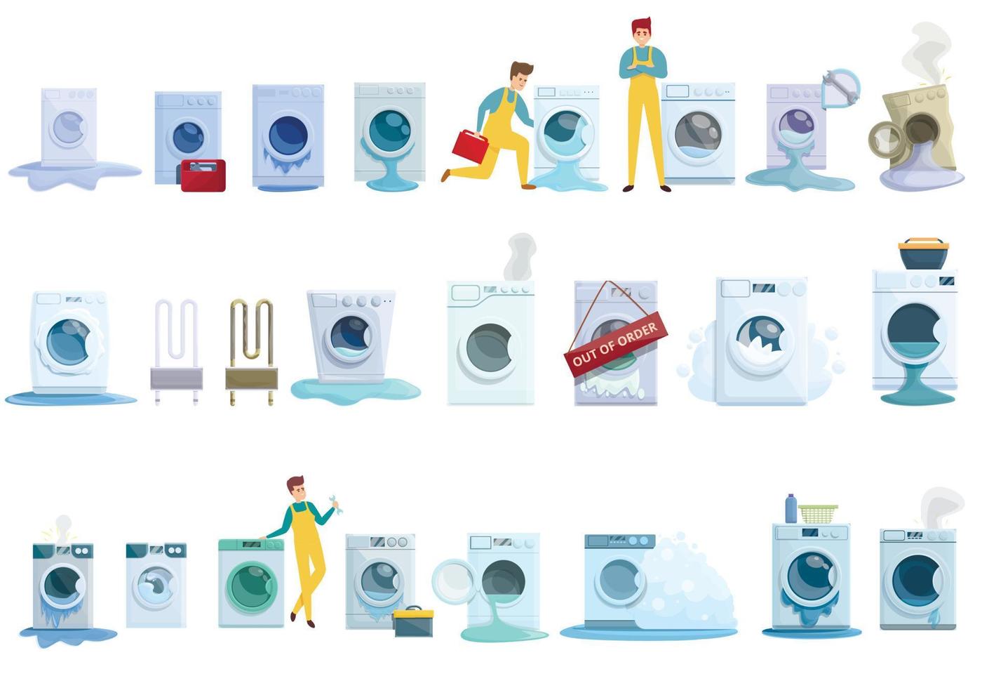 Washing machine repair icons set, cartoon style vector