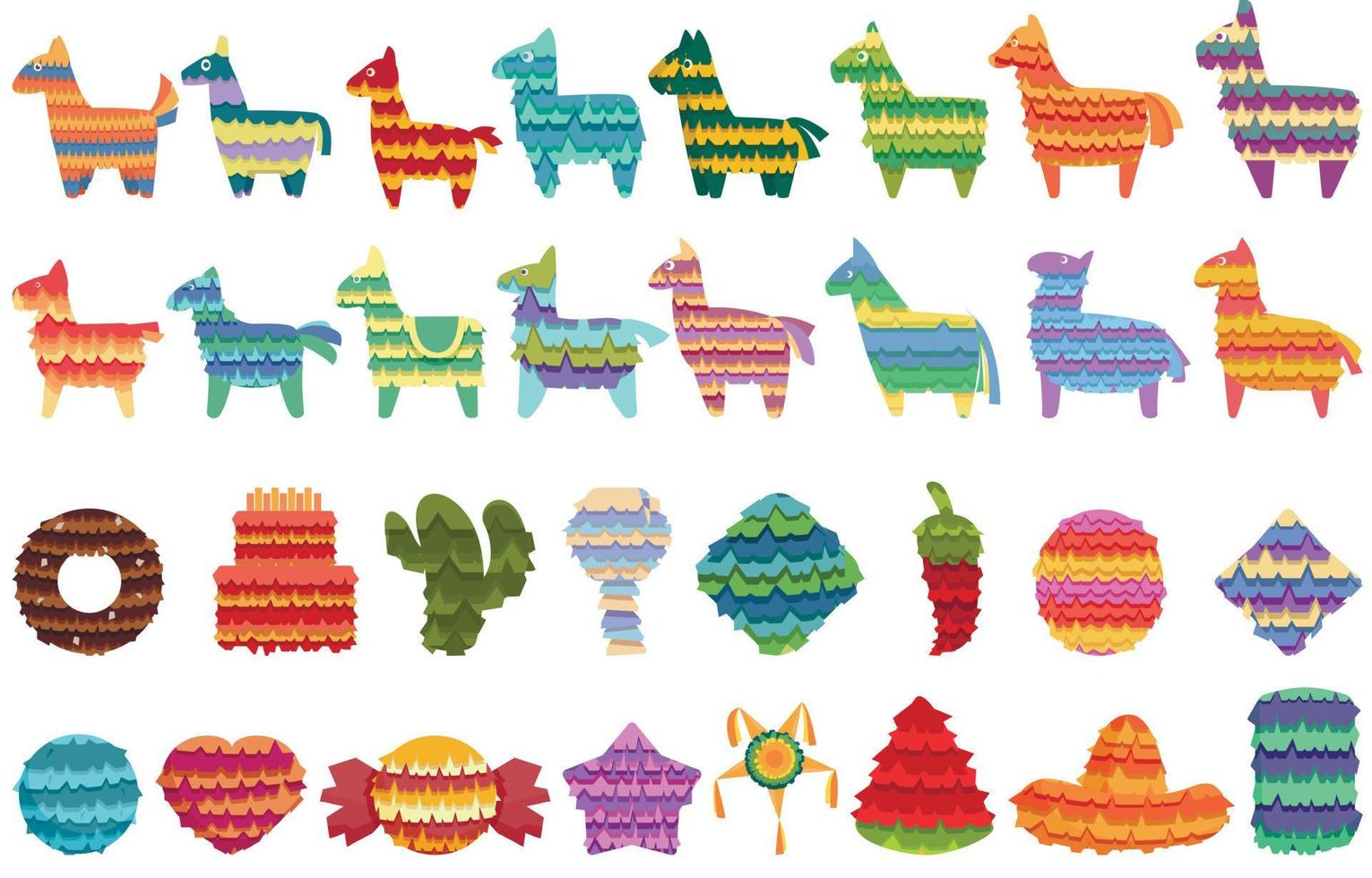 iconos de piñata mexicana establecen vector de dibujos animados. vacaciones de animales