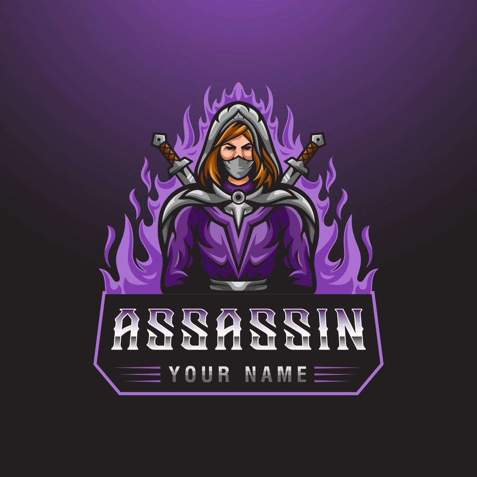 Assassin woman character with two swords and fire background for esport gaming mascot logo template vector