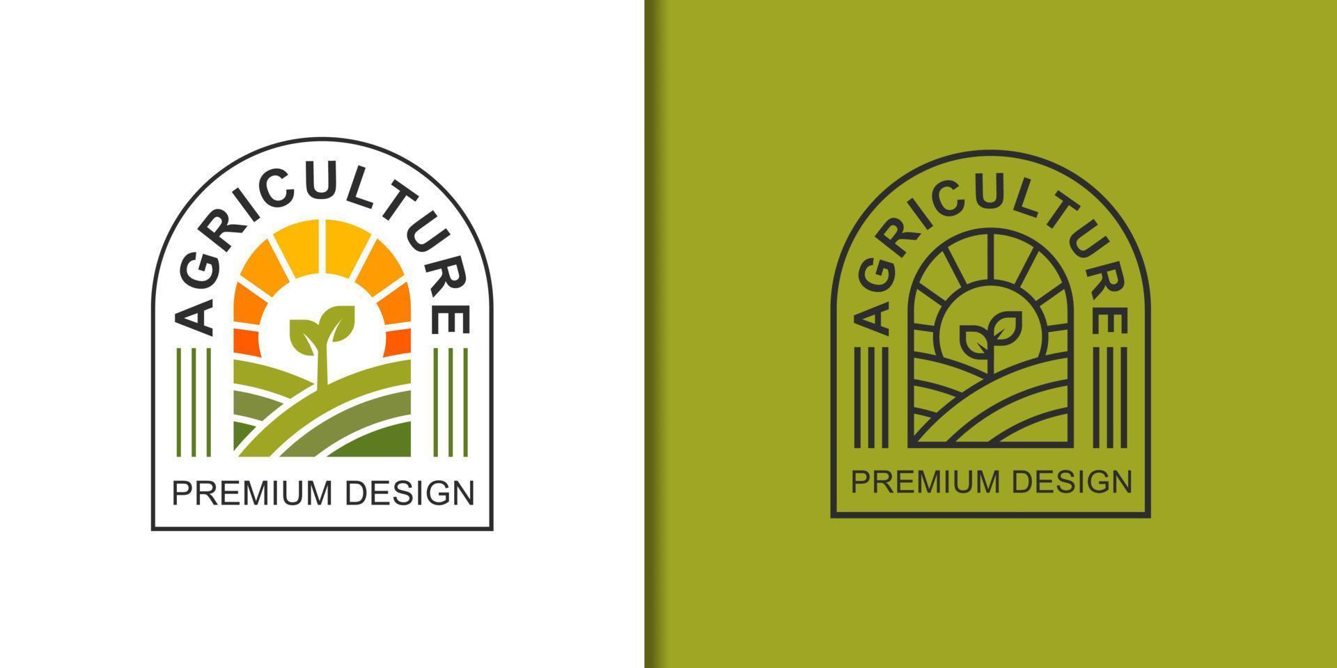 granja ecológica con logotipo de planta. jardín de agricultores agrícolas con sol naturaleza plantilla de vector de diseño de logotipo lineal