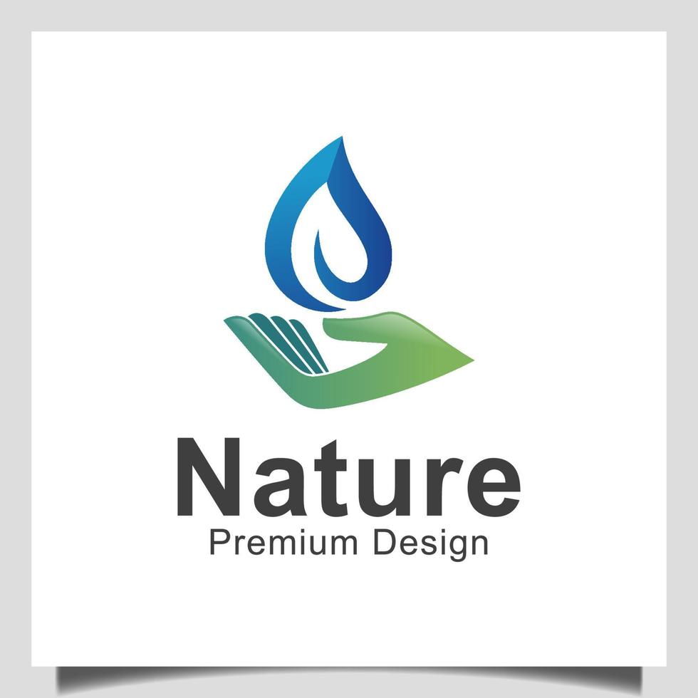 hand leaf care with fresh water drop for biology spring natural logo design vector