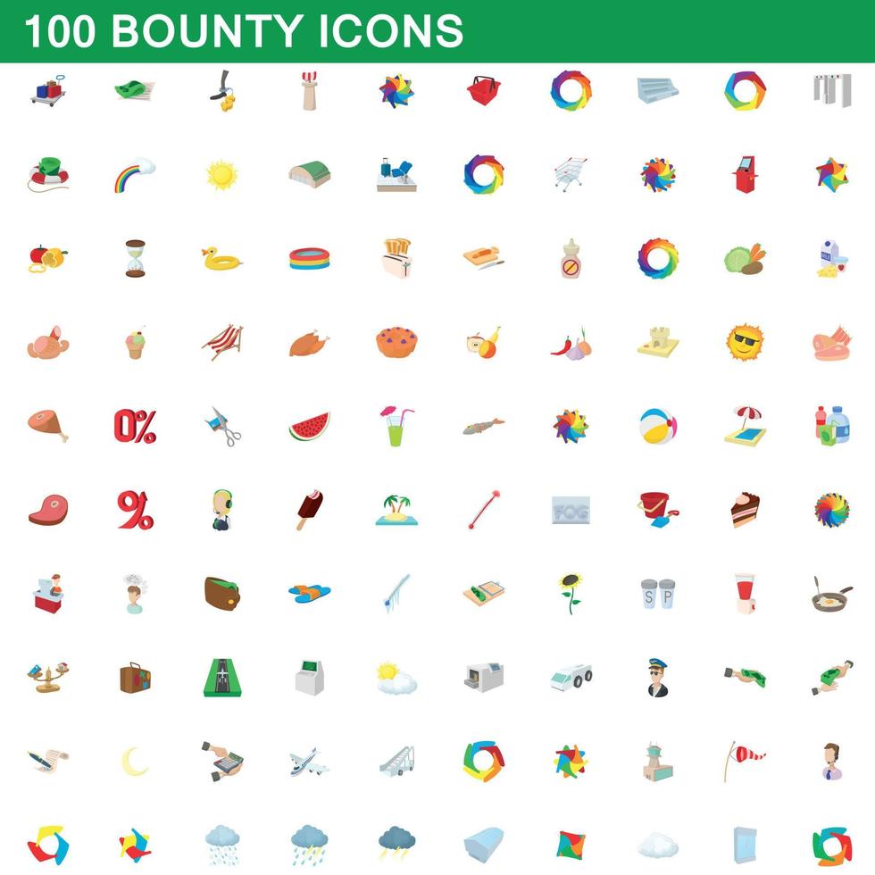 100 bounty icons set, cartoon style vector