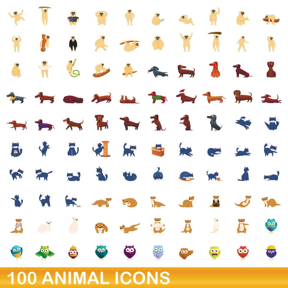 100 animales, conjunto de iconos de estilo de dibujos animados vector