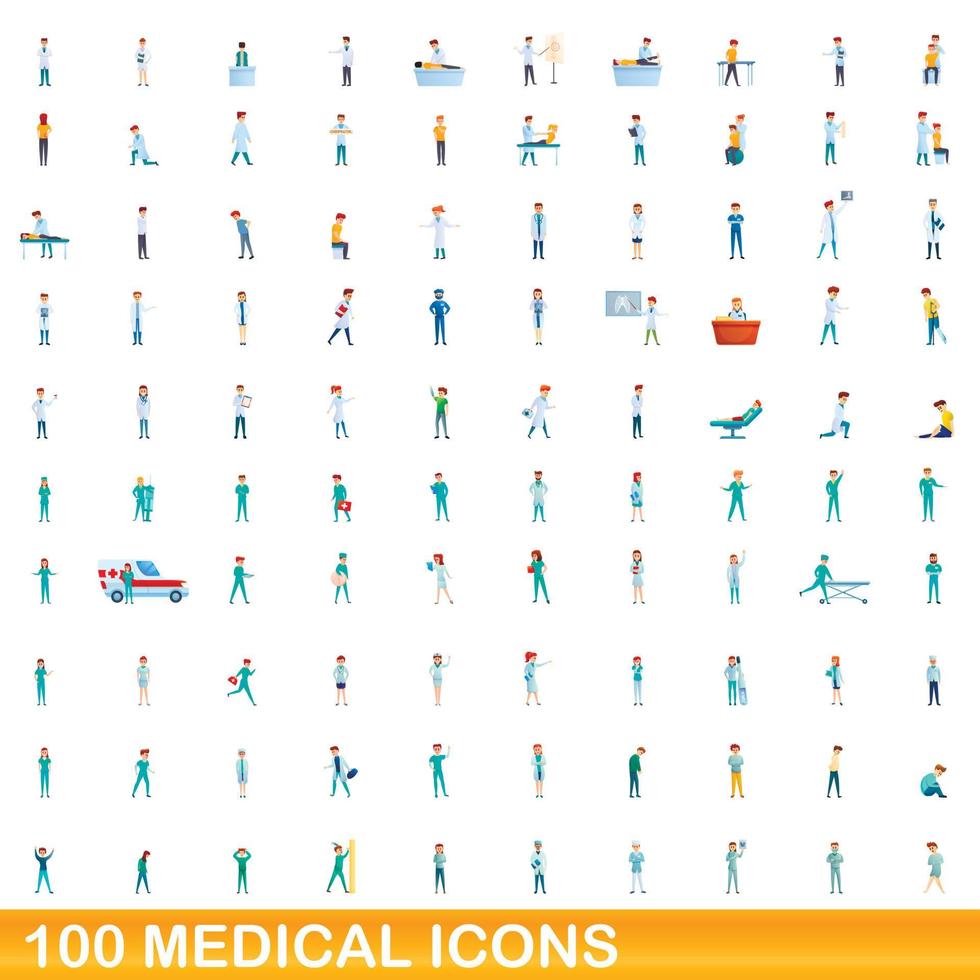 100 iconos médicos, estilo de dibujos animados vector