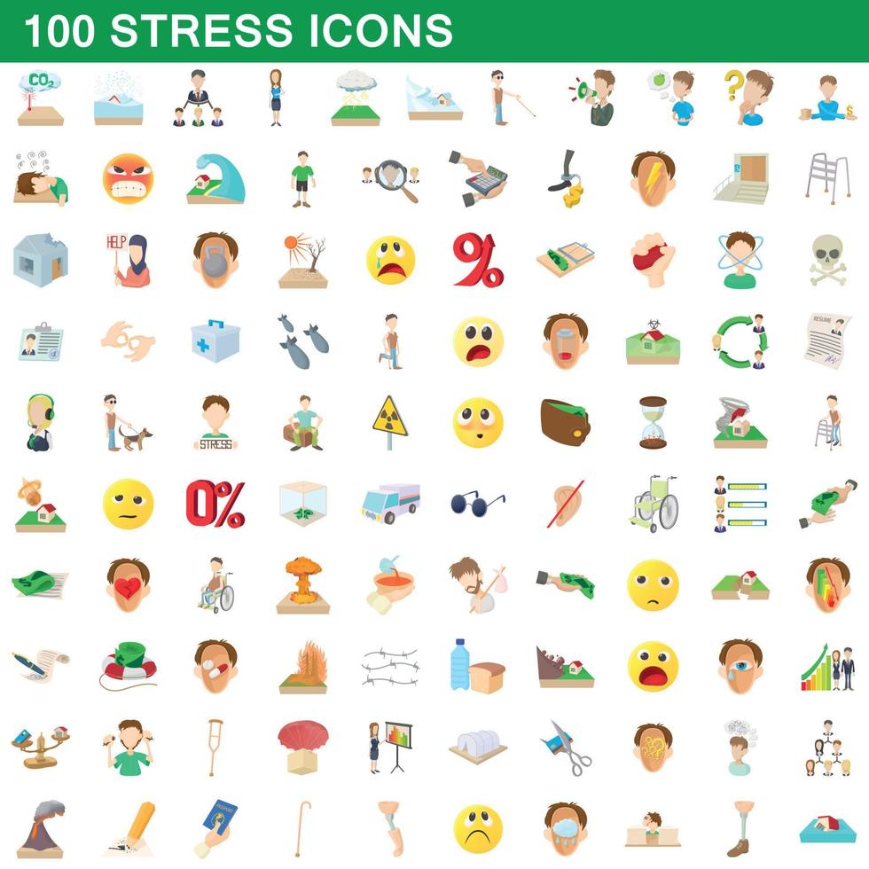 100 stress icons set, cartoon style vector