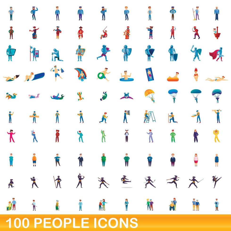 100 people icons set, cartoon style vector