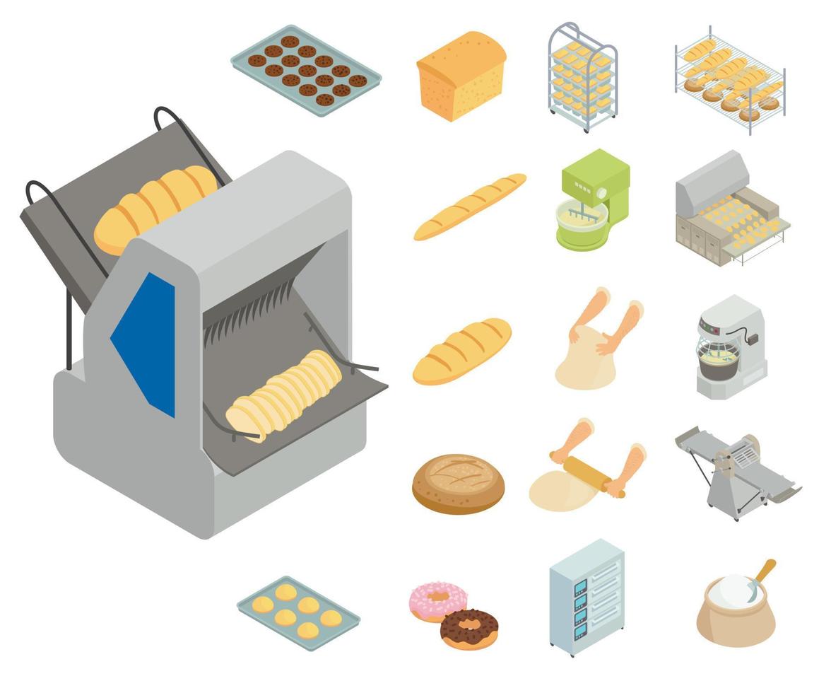 conjunto de iconos de fábrica de panadería, estilo isométrico vector