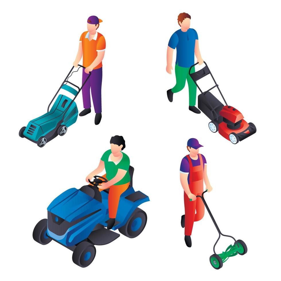 Lawnmower icon set, isometric style vector