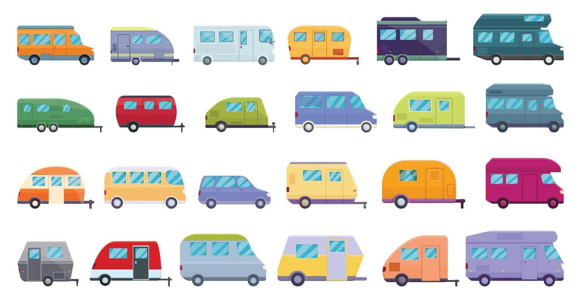 Auto camping icons set, cartoon style vector