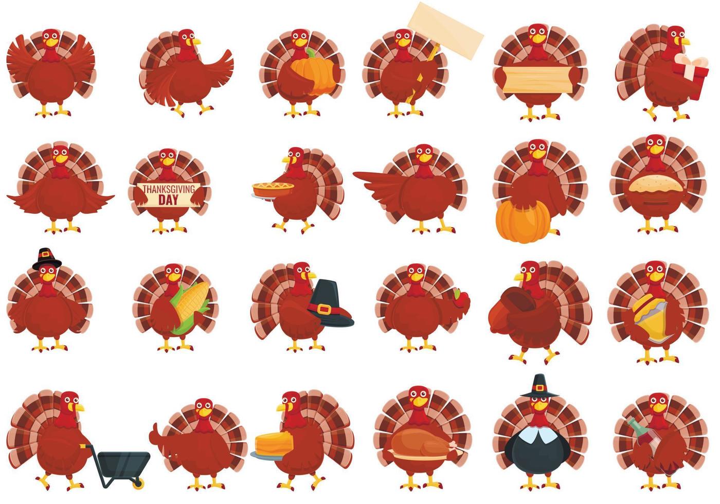 Thanksgiving turkey icons set, cartoon style vector
