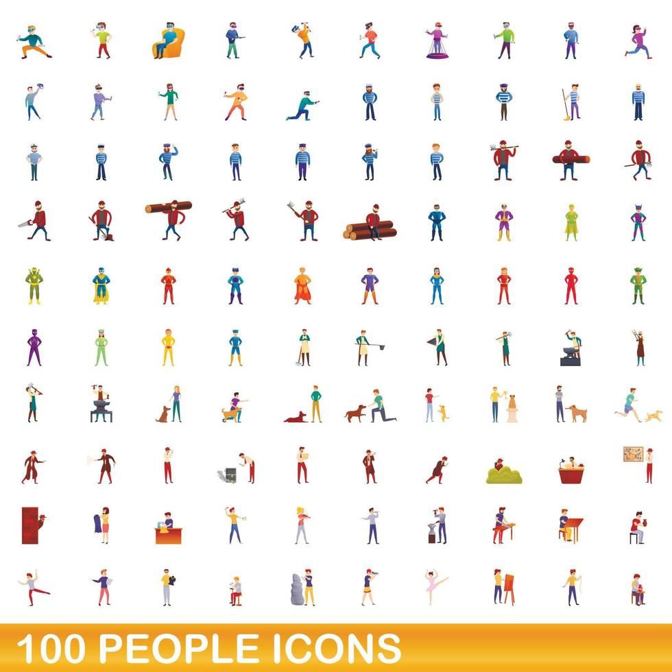 100 people icons set, cartoon style vector